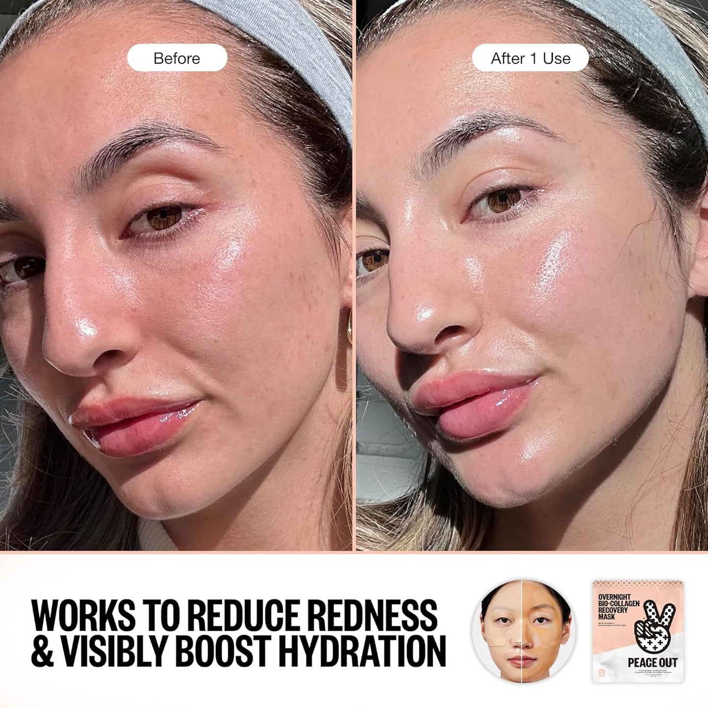 PEACE OUT Overnight Bio-Collagen Recovery Face Mask, Hydrating Overnight Sheet Mask with Vegan Collagen and Hyaluronic Acid, Helps Calm and Restore Skin, 1 Count