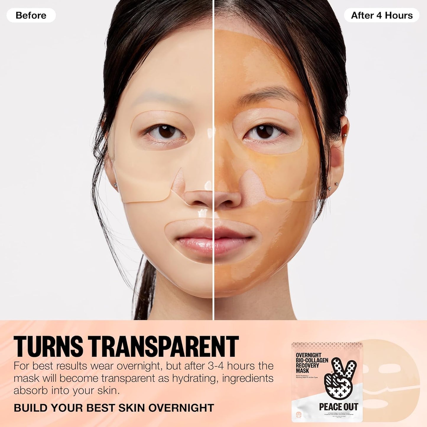 PEACE OUT Overnight Bio-Collagen Recovery Face Mask, Hydrating Overnight Sheet Mask with Vegan Collagen and Hyaluronic Acid, Helps Calm and Restore Skin, 1 Count